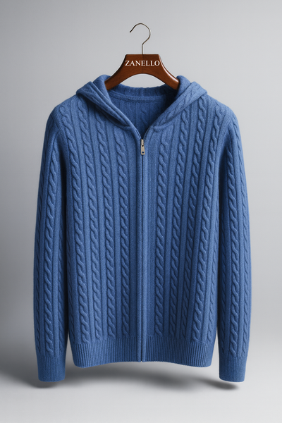 FELPA CON CAPPUCCIO E ZIP IN MAGLIA A TRECCE 100% CASHMERE