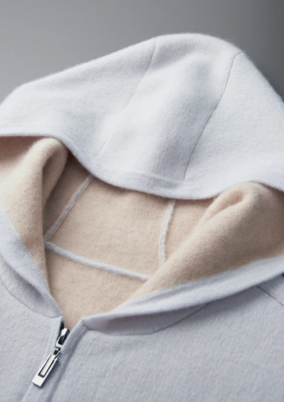 FELPA CON CAPPUCCIO E ZIP BICOLORE 100% CASHMERE