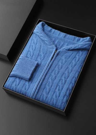 FELPA CON CAPPUCCIO E ZIP IN MAGLIA A TRECCE 100% CASHMERE