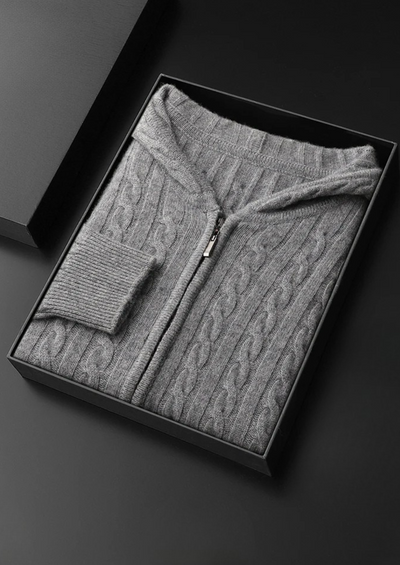FELPA CON CAPPUCCIO E ZIP IN MAGLIA A TRECCE 100% CASHMERE