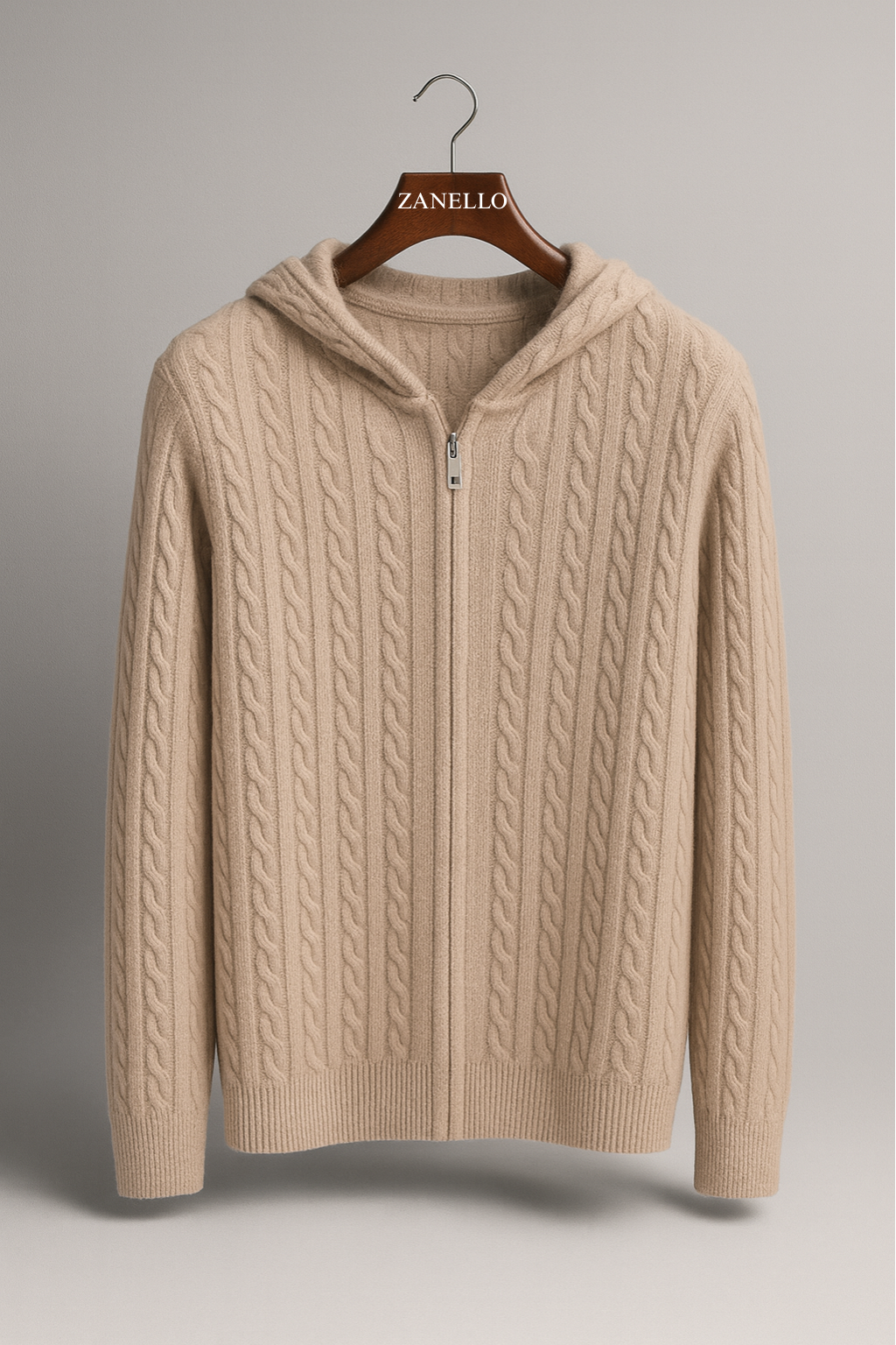 FELPA CON CAPPUCCIO E ZIP IN MAGLIA A TRECCE 100% CASHMERE
