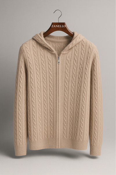 FELPA CON CAPPUCCIO E ZIP IN MAGLIA A TRECCE 100% CASHMERE