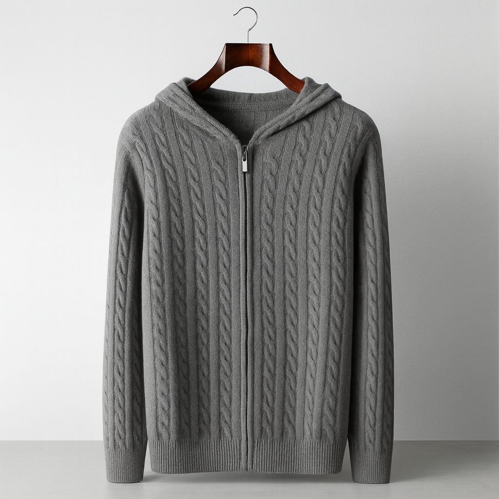 FELPA CON CAPPUCCIO E ZIP IN MAGLIA A TRECCE 100% CASHMERE