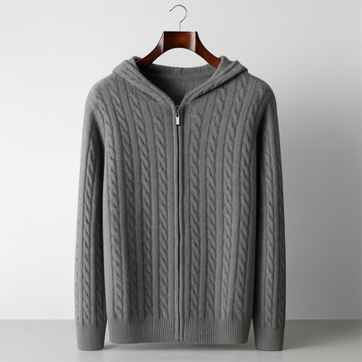 FELPA CON CAPPUCCIO E ZIP IN MAGLIA A TRECCE 100% CASHMERE