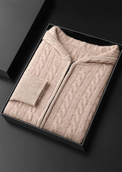FELPA CON CAPPUCCIO E ZIP IN MAGLIA A TRECCE 100% CASHMERE